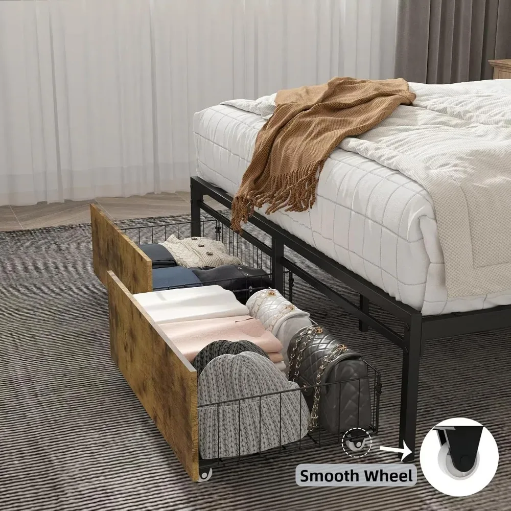 King Size Bed Frame with Drawers, Metal Platform Bed with Uphosltered Headboard and Charging Station, No Box Spring Needed 3