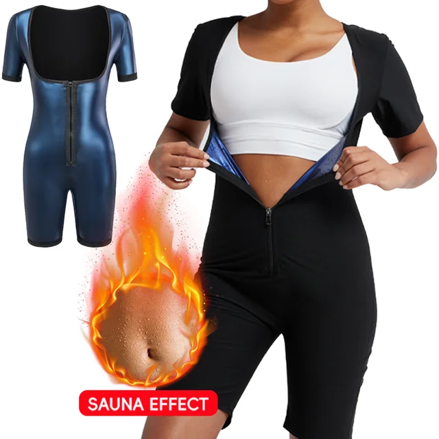 Women Sauna Suit Full Body Shaper 3 in 1 Sweat Vest Waist Trainer Zipper Slimming Bodysuit Shapewear Workout with Sleeve Shorts 1