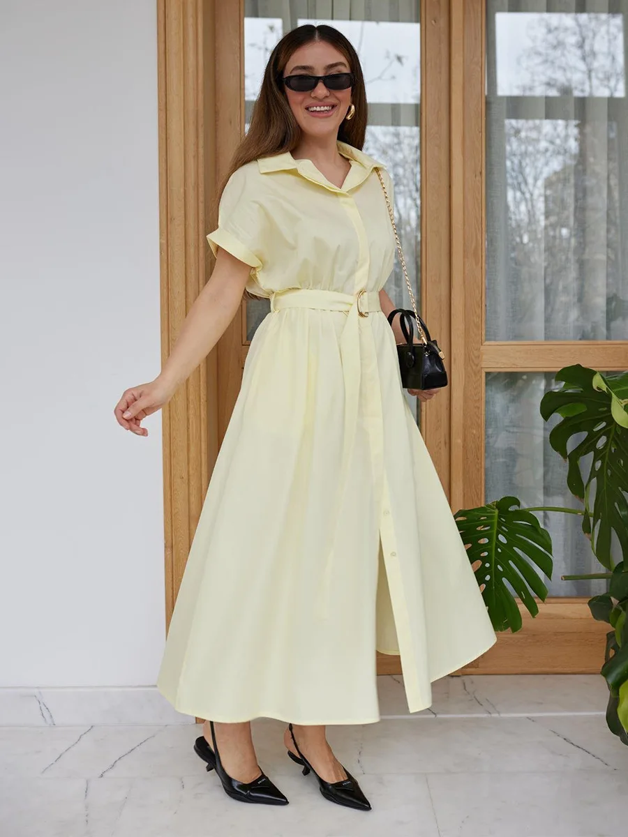 Bornladies 2026 Summer New Women's Cotton Short Sleeve Dress Single-breasted Shirt Dress Waist Belt