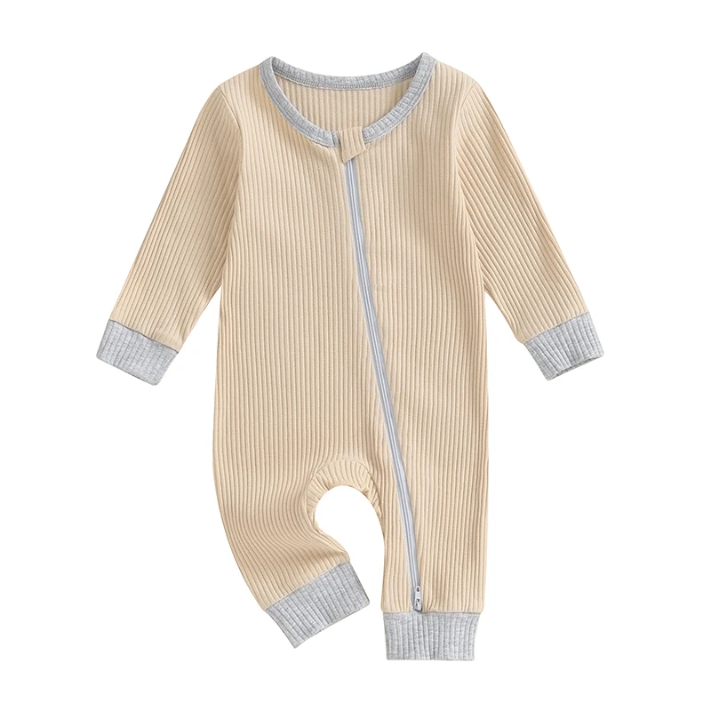 

Baby Ribbed Jumpsuits Newborn Girls Boys Casual Contrast Color Round Neck Rompers Infant Zipper Long Sleeve Bodysuit