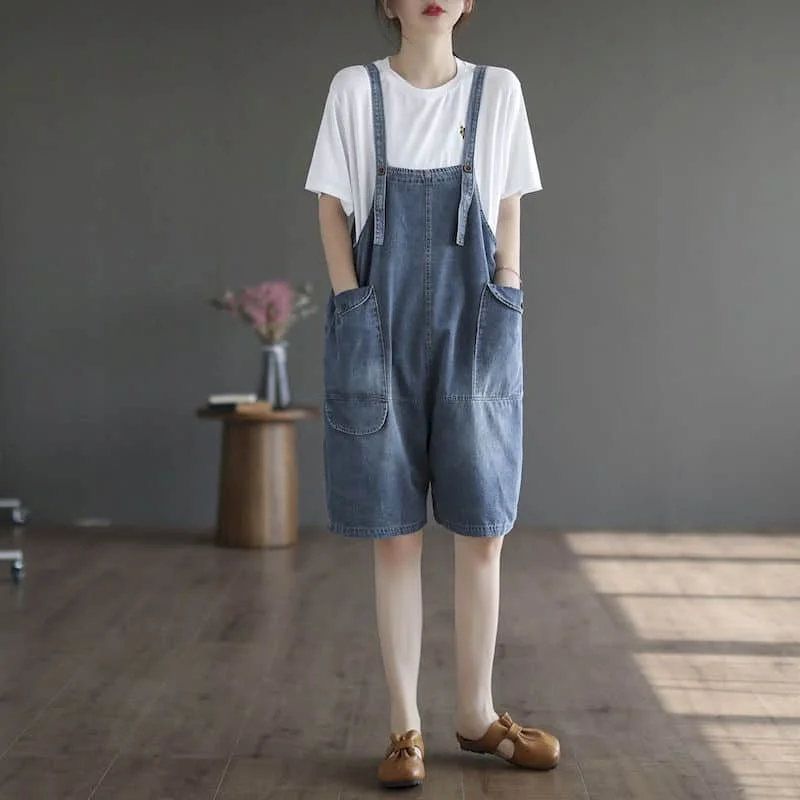 

Джинсовый комбинезон женский, винтажный слитный наряд в Корейском стиле, повседневные укороченные ромперы, однотонные прямые джинсы, Летняя женская одежда