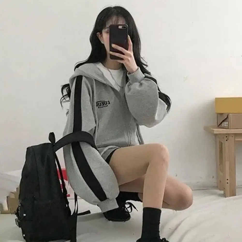 여성용 단색 지퍼 후디, 하라주쿠 드로스트링 긴 소매 후드 스웻셔츠, 한국 캐주얼 포켓 재킷, 스트리트웨어 