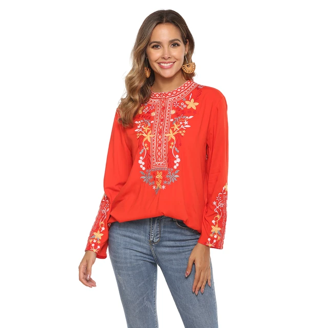 Embroidered Mexican Peasant Blouse  Mexican Embroidered Tops Women - Tops  Long - Aliexpress