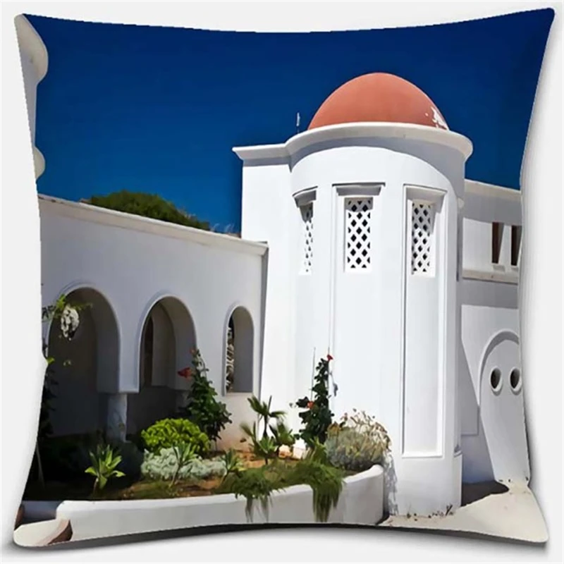 45*45CM Romantic Greek Santorini Collection Pattern Print Pillowcase Beautiful Landscape Square Pillowcase Office Home Decor