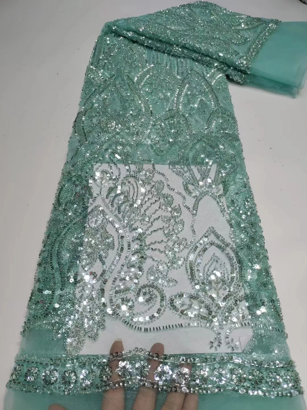 

5 Yards African Heavy Beaded Lace Fabric For Nigerian Women Wedding Dress 2023 High Quality French Pearl Tulle Lace Fabric