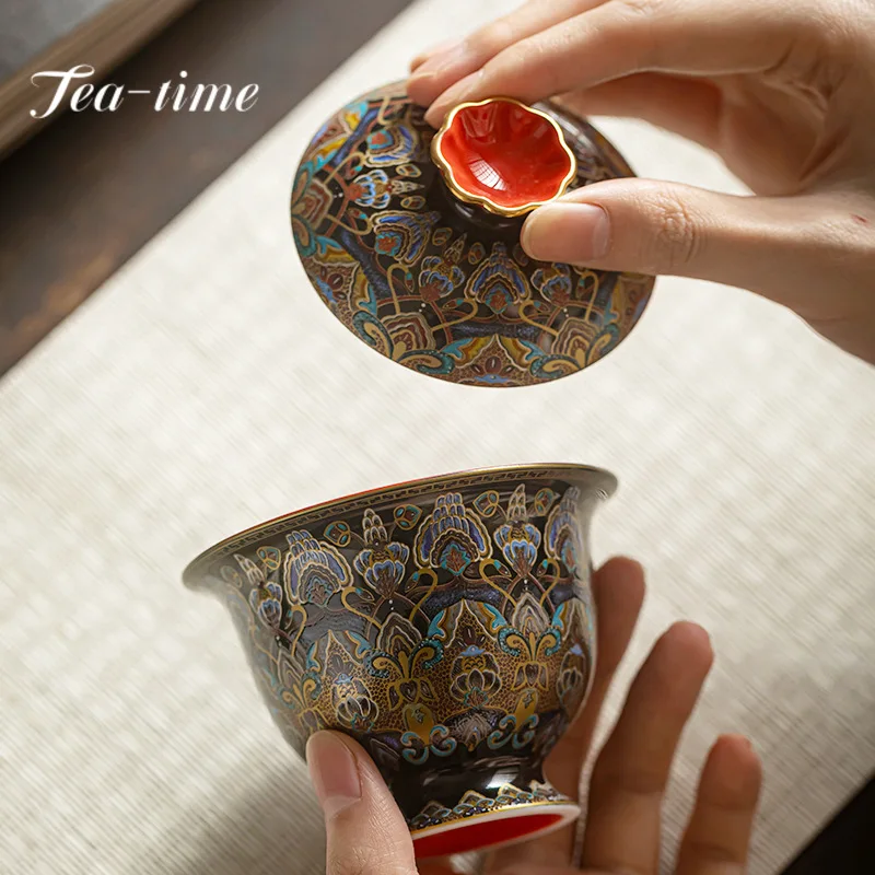 150ml Chinese Enamel Colored Gaiwan Ancient Hand Grasping Bowl Tea Lid Set Tea Tureen Maker Cover Bowl Items Ornaments