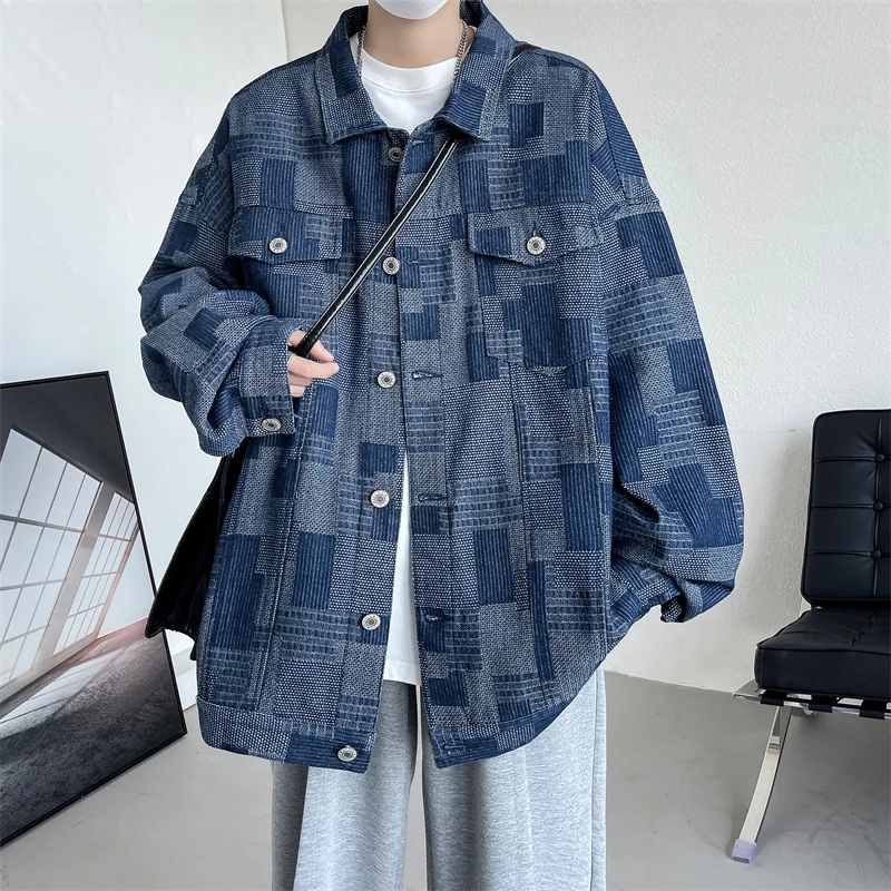 

Retro Denim for Men Streetwear Clothes Jacquard Patchwork Long-Sleeve Button Down Jacket Spring Outerwear