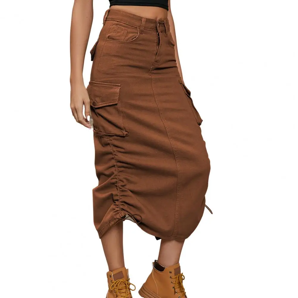 

Summer 2023 Denim Skirt Women Work Multiple Pockets Adjustable Calf Length High Waist A-Line Midi Long Half Skirt Woman Clothing