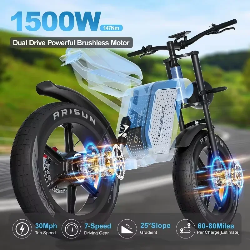 JANSNO X60 Electric Bicycle 1500W Dual Electric Motor 48V23AH Lithium Battery Bike 20-inch Off-road Mountain Anow Ebike