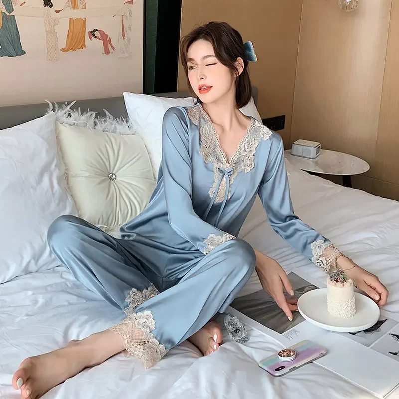Pajamas Set Men Women Fall Summer Ice Silk Couple Sleepwear Large Size Imitation Silk Loungewear Suit