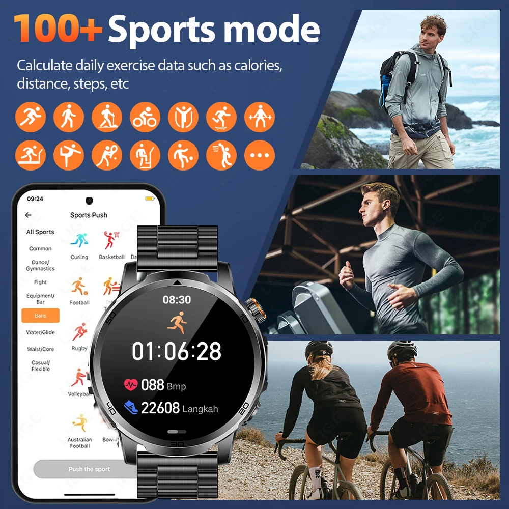 LIGE Outdoor Smart Watch Men 1000mAh Battery LED Flashlight SmartWatch Bluetooth Call Heart Rate Waterproof Sports Smartwatch