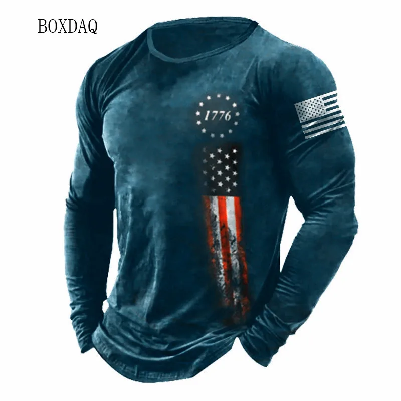 Amerikanische Flagge Muster Männer T-Shirts Frühling Herbst Langarm 3D-Druck Street Fashion T-Shirt 6xl plus Größe männliche Kleidung lässige Tops – Detail 12