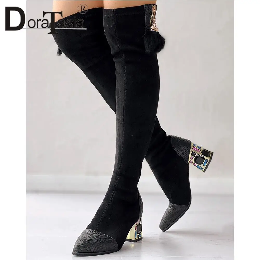 Brand New Ladies Pointed Toe Thigh High Boots Fashion Patchwork Chunky Heel women's Over The Knee Boots Casual Party Woman Shoes