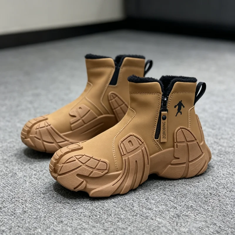 Warm Winter Boots for Men, Sizes 39-47, with Fleece Lining, High-Top, Versatile, Round-Toe, Thick-Soled, Lightweight Cotton Shoes, Trendy Outdoor Snow Boots - 4
