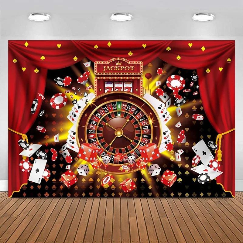 Sfondo Di Fotografia Del Casinò Tenda Rossa Las Vegas Party Decorazione Per Adulti Forniture Poker Dadi Roulette Sfondo Banner Compleanno