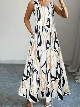 Women's Abstract Fluid Print Sleeveless Maxi Dress, Summer Casual Round Neck Loose Sundress With Side Pockets 1