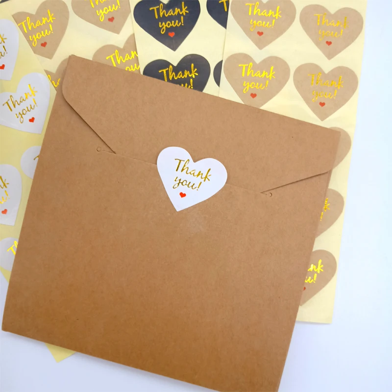 

1000Pcs 3 colors Heart Hot stamping sticker Golden thank you Black baking label For Handmade Products Diy Packaging Sticker