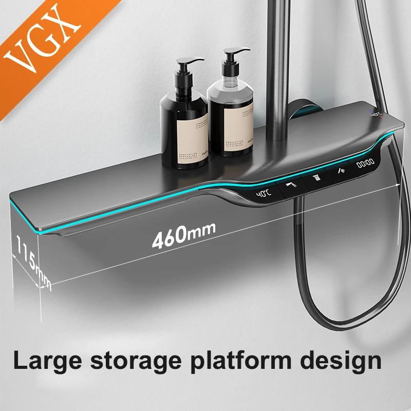 VGX Thermostatic Shower System Intelligent Digital Bathroom Shower Faucet Set Temperature Display Rainlfall Bathroom Shower Set 6