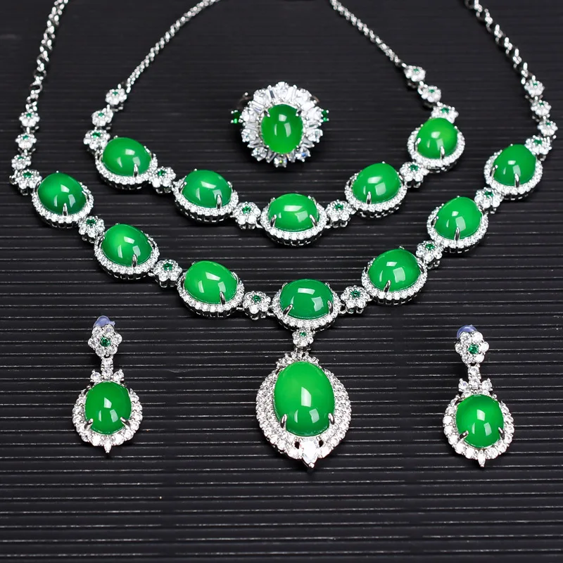 Jade Jewelry Sets Women Natural Green Jadeite With Zircon Emerald