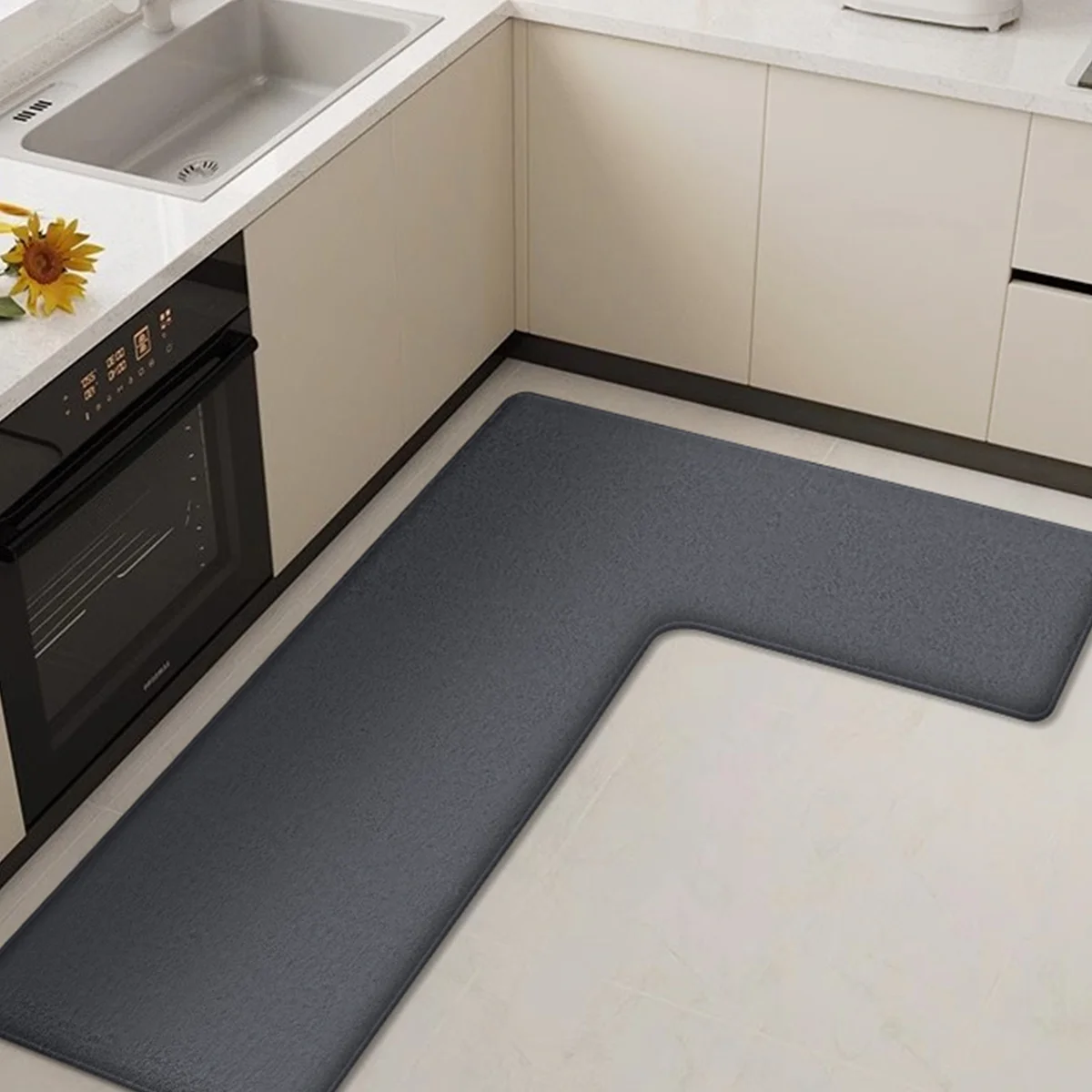 Einfache, verdickte Eckbodenmatte für Zuhause und Küche, L-förmige, rutschfeste, weiche Flanellmatte, saugfähige und schmutzabweisende Matte – Detail 9