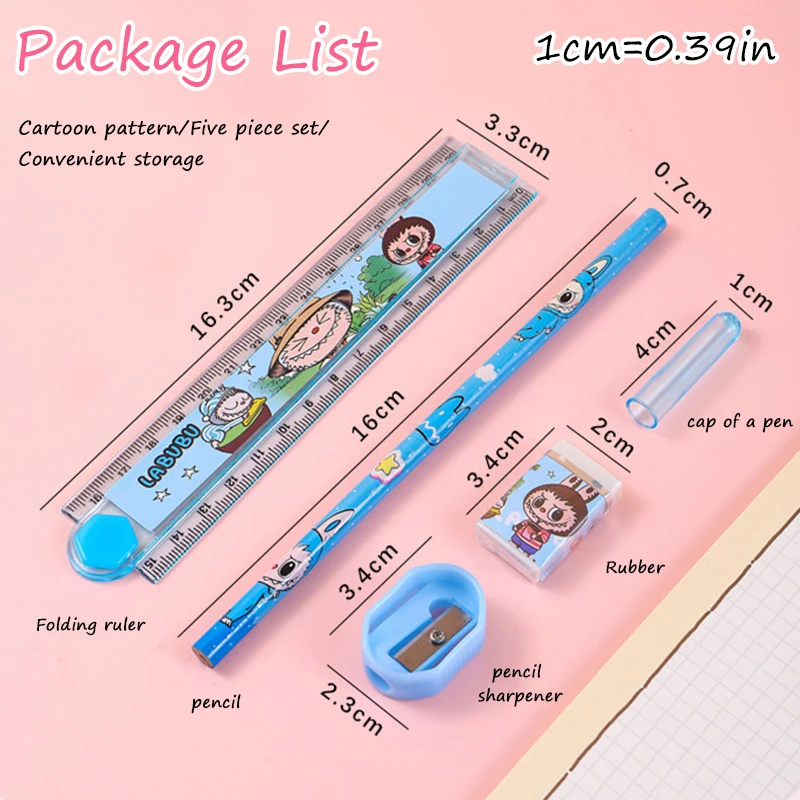 Cartoon Cute Labubu Bagged Stationery Set Pencil Ruler Eraser Pencil Sharpener Pen Cap Suit Students School Study Supplies Gifts