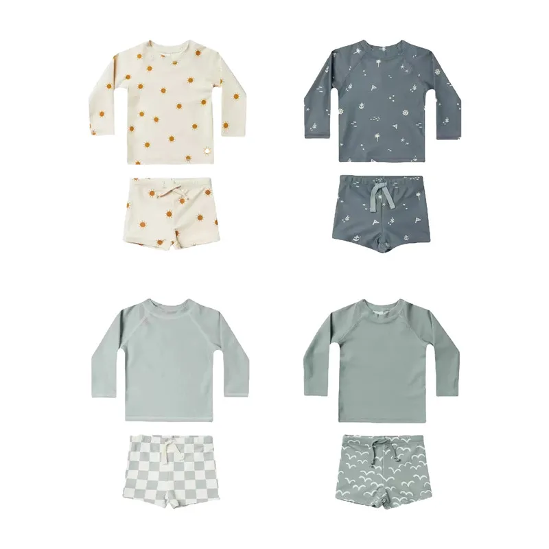 Boys kids swimsuits 2pcs Summer Baby Boys Swimwear Sets Long Sleeve Tops Shorts Sun-proof Elastic Beach Vacation