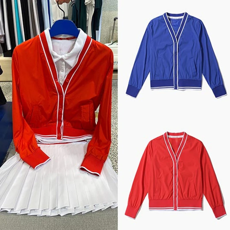 

23 Korean Golf Women's Clothing V-neck Thin Sports Cardigan Golf Retro American College Style Jacket