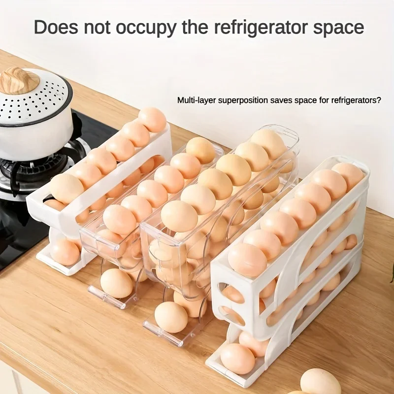 Egg Dispenser 4-Tier Sliding Automatic Rolling Egg Rack Refrigerator Storage Box Shatterproof Design