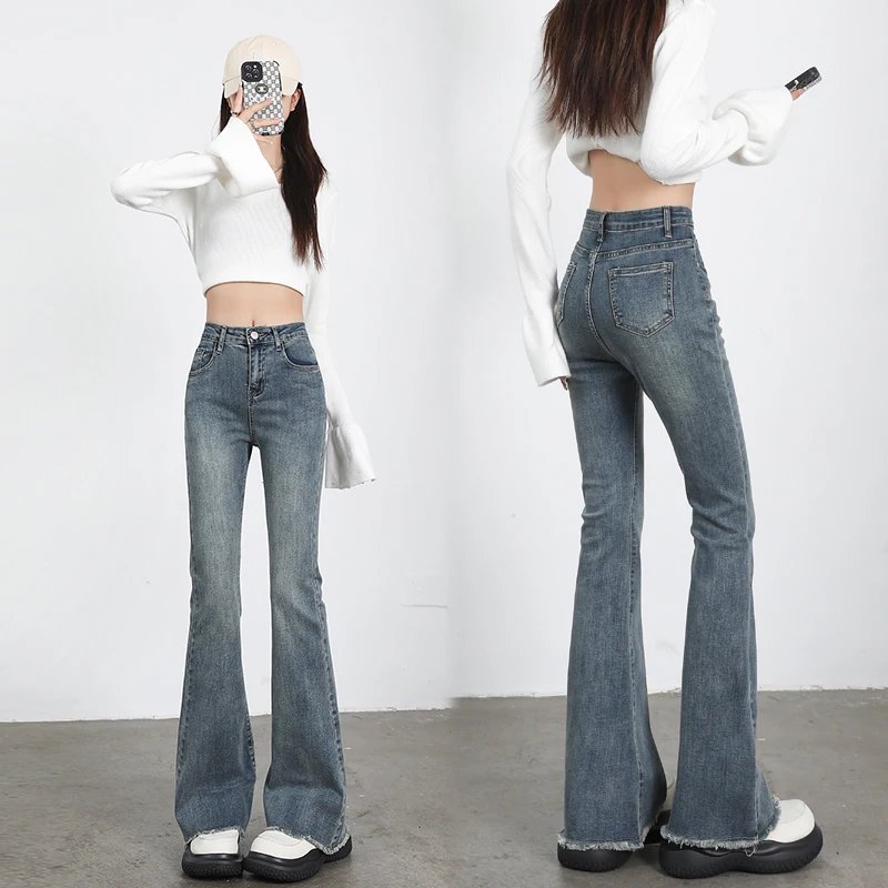 

Hot selling high waisted fringed micro speaker jeans in stock, autumn new spicy girl slim fit and slimming pants, long pants&elo