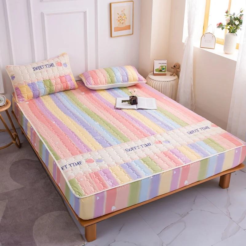 

Mattress Cover Thicken Quilted Fitted Bed Sheet Printed Bedding sheets for kids Cover Non-slip Sheet +2pieces Pillowcases