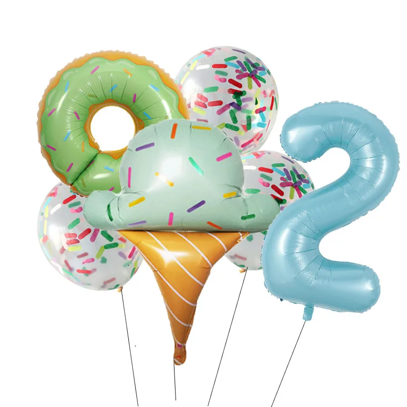 thumbnail image 1 of Juego de globos de aluminio con forma de donuts y helado, 1/6 unidades, números grandes del 0 al 9, para decoración de fiestas de cumpleaños de niñas y niños, 1 of 5
