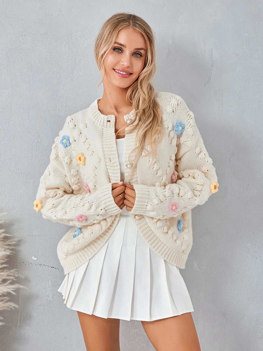 

Women Floral Printed Knit Cardigan Long Sleeve Handmade Crochet Sweater Coat Casual Button Down Knitted Jumper Coat