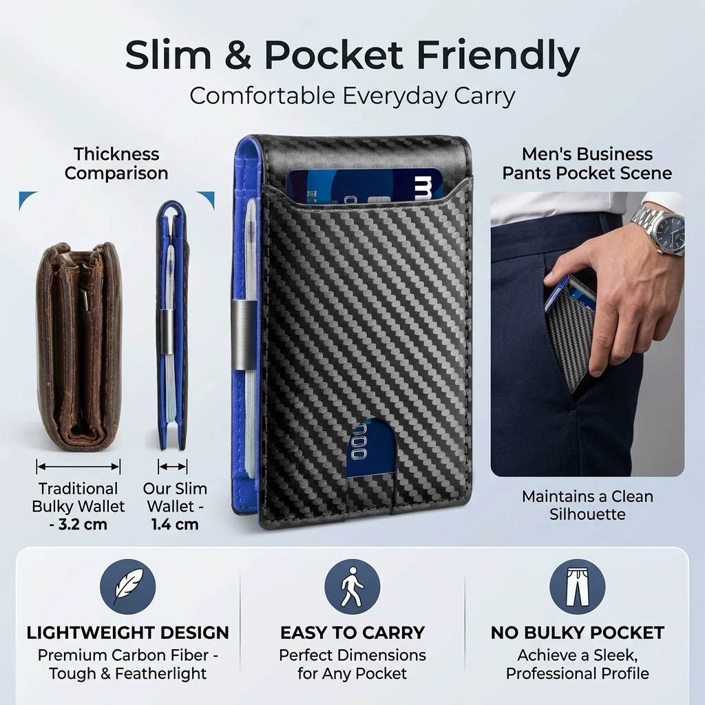 Slim Carbon Fiber RFID-Blocking Minimalist Wallet with Metal Money Clip