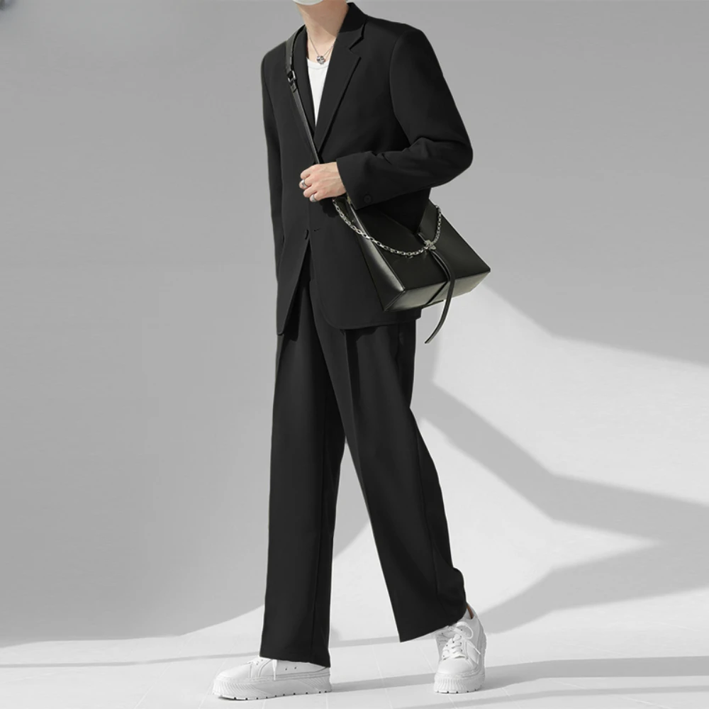 SILIWEYA Men Sets Solid Color Streetwear Laple Long Sleeve Button Blazer + Pants 2PCS 2024 Korean Fashion Men Casual Suits