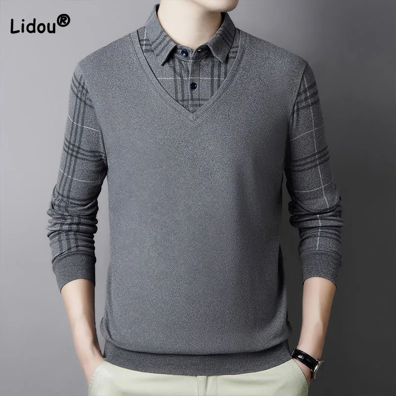 

2023 Business Office Casual Fake Two Pieces Shirt Male Clothes Fashion Autumn Winter Long Sleeve Plaid Pullovers Tops for Men