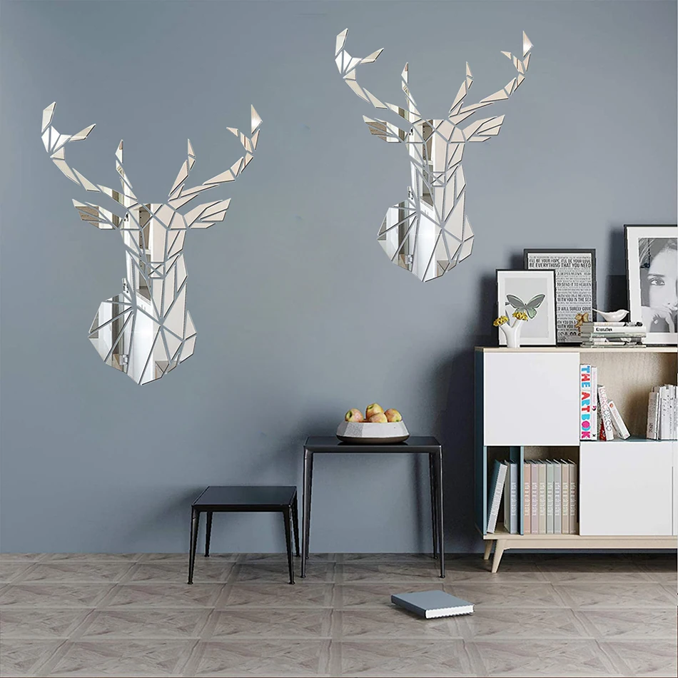 3D Deer Head Mirror Wall Stickers Acrylic Mirror Sticker Home Wall Decor DIY Decorative Art Wall TV Background Sticker Mural