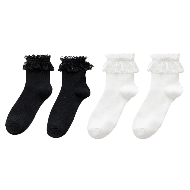 

Japanese Lolita Style Lovely Mesh Short Crew Socks Harajuku Sweet Ruffled Lace Frilly Hollow Retro Cotton Mid Calf Hosiery for W