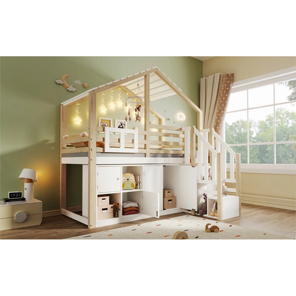 90x200cm modernes Kinderzimmer-Hochbett, mit Fenster und mehreren Schließfächern, Hausform, Bettgitter, Weiß + Natur (ohne Matratze) – Detail 22