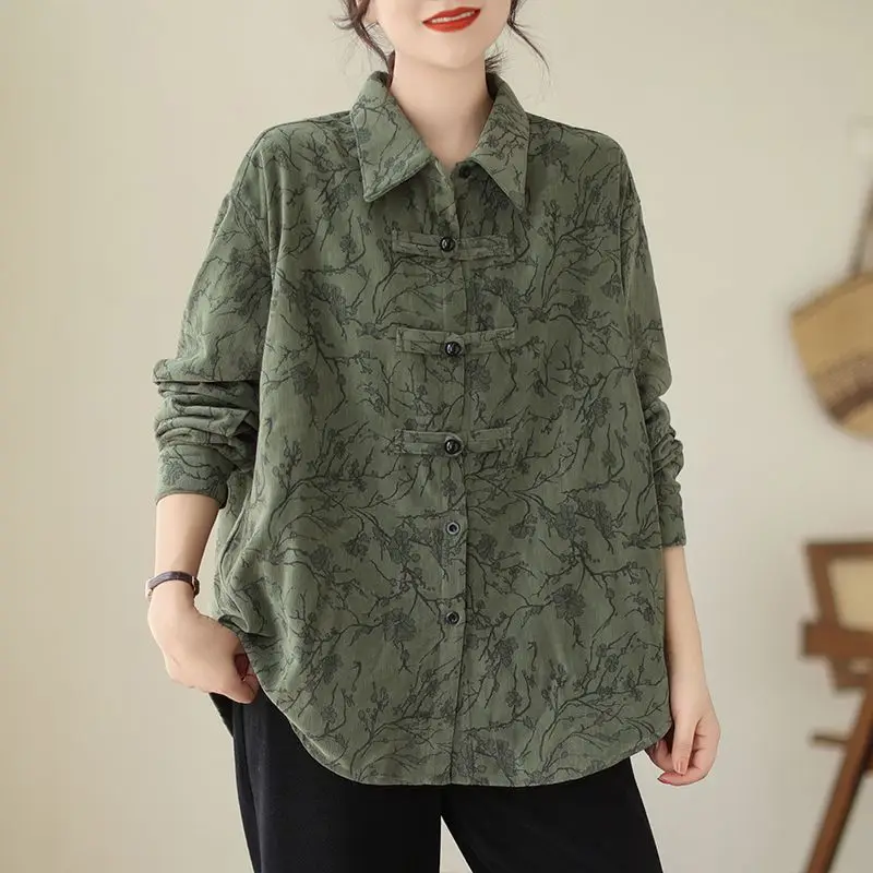 

Spring and Autumn Women's Long Sleeved Polo Neck Loose Chinese Style Shirt Printing Button Vintage Fashion Casual Formal Tops