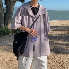 

Summer Hooded Shirt Men Fashion Grey/Black/White Short Sleeve Shirt Men Streetwear Korean Loose Casual Shirt Mens Hawaiian Shirt