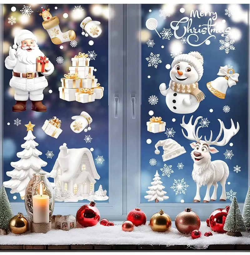 9pcs/set Christmas Window Stickers Santa Claus Xmas Tree Snowflake Glass Decal 2025 New Year Home Decoration Navidad 2024 Gifts