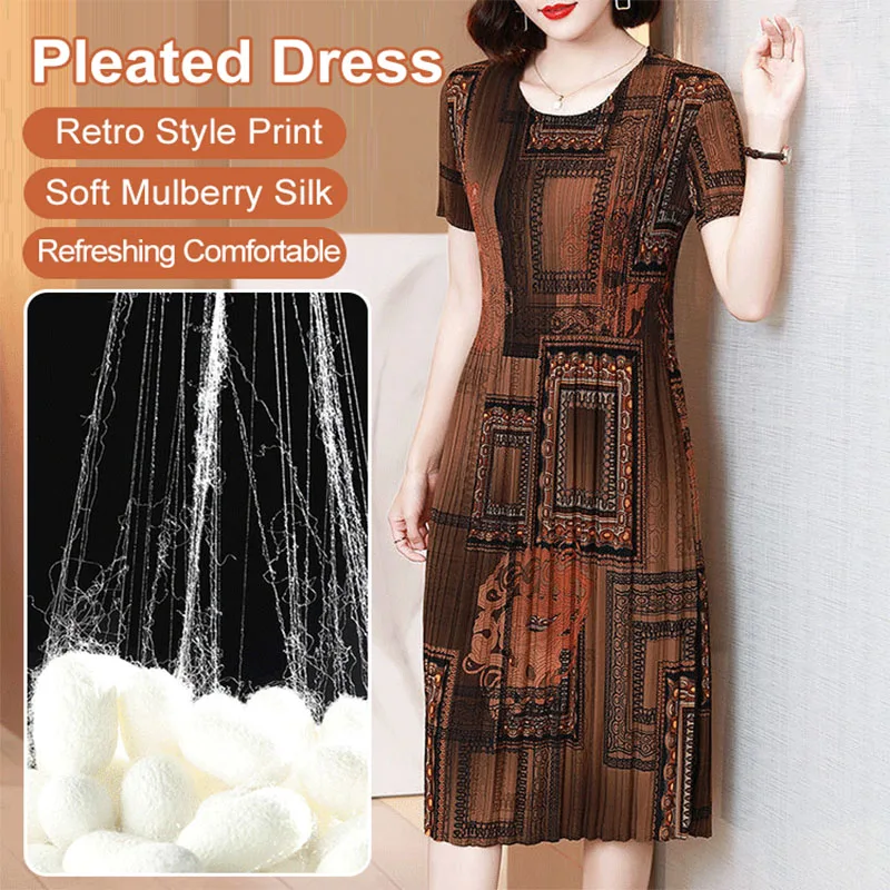 

Fashionable Pleated Dress chiffon retro high-end foreign air large thin skirt pleated print dress 2022 summer o neck dress