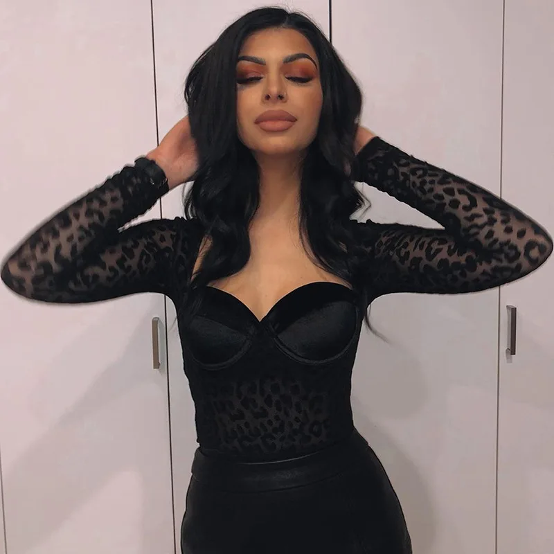 green bodysuit Shestyle Mesh Leopard See Through Bodysuits Women Sexy Black Square Neck Bra Shape Long Sleeve Bodycon Chic Elegant Body 2019 pink bodysuit