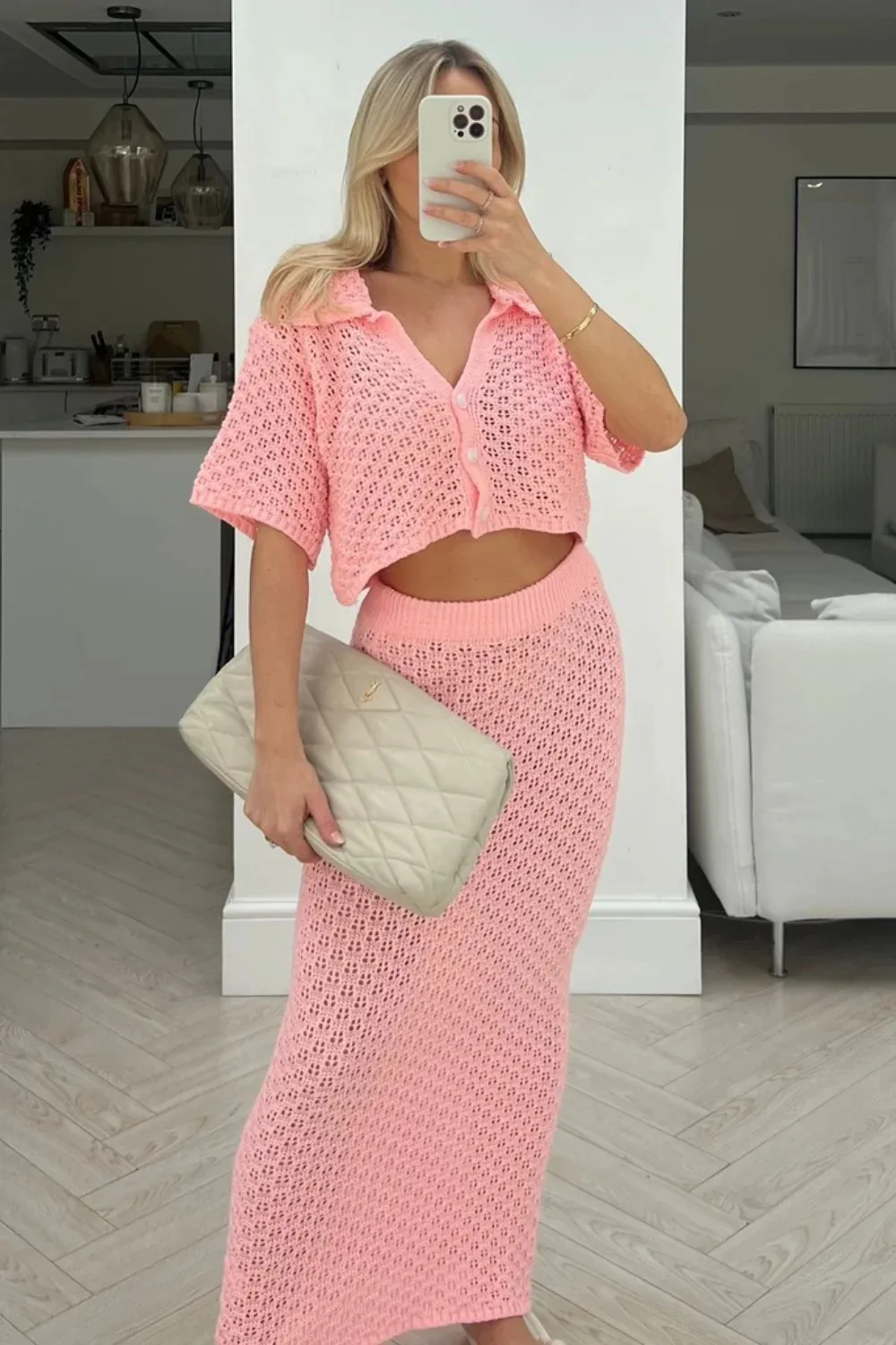 Knit Hollow Out 2 Piece-Set Long Skirt Women's Cropped Top Cardigan And High Waist Maxi Skirt Outfits Female Clothes