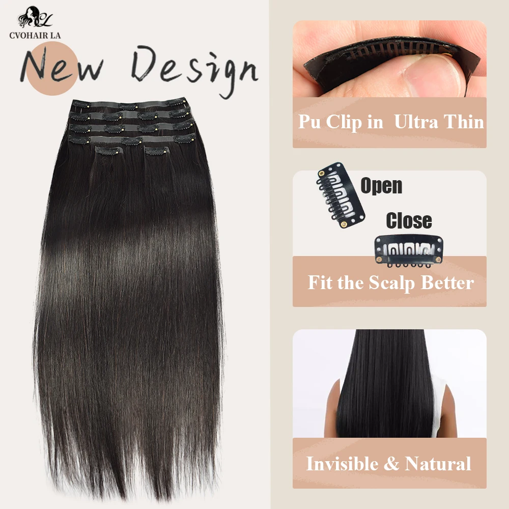 Straight Seamless Clip Ins 100％ Human Hair Extensions PU Clip Ins Hair Extension For Women Full Head 120g Natural Black Color