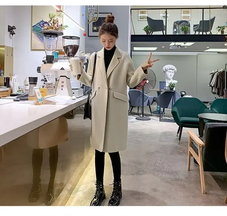 Fashionable 2023 Medium-length Woolen Jacket For Women Loose-fit Camel Color Korean Style Overcoat Trendy Autumn Winter
