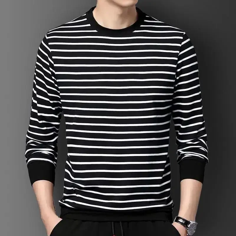

Мужская хлопковая футболка в полоску, с круглым вырезом и длинными рукавами