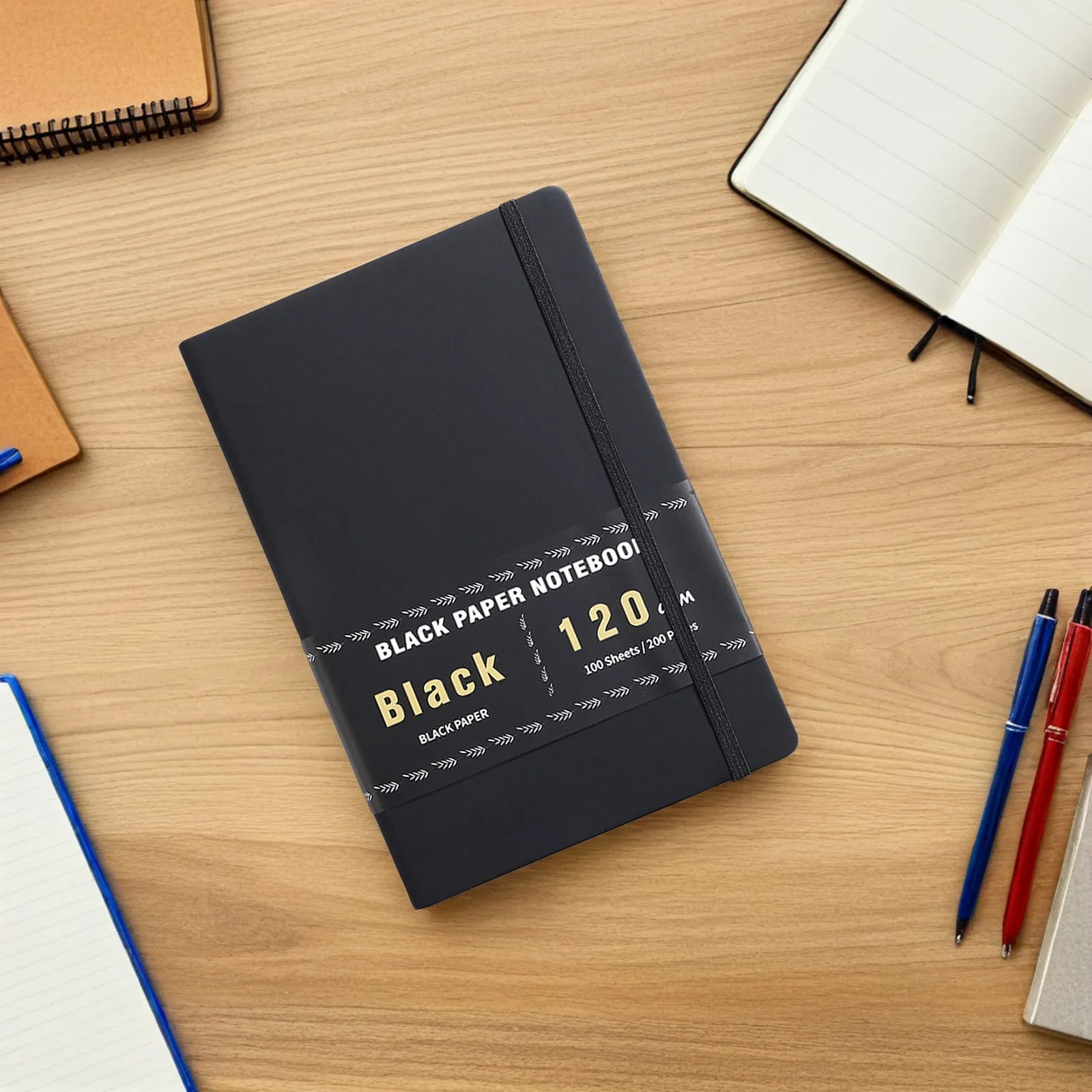 A5 검정 종이 노트 200페이지 100매 PU 바인딩 블랭크 저널 (저널링, 스케칭, 드로잉, 창의적인 프로젝트용)