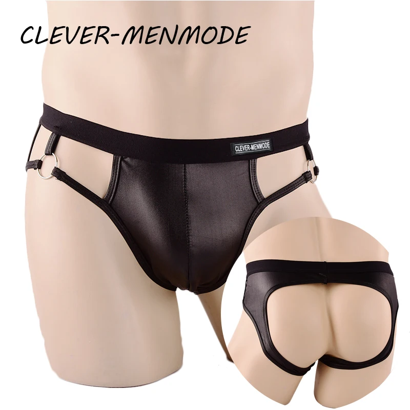 

Men's Sexy Underwear PU Faux Leather Briefs Bulge Penis Pouch Thong U Convex Backless Bikini Open Butt Jockstrap Fetish Lingerie