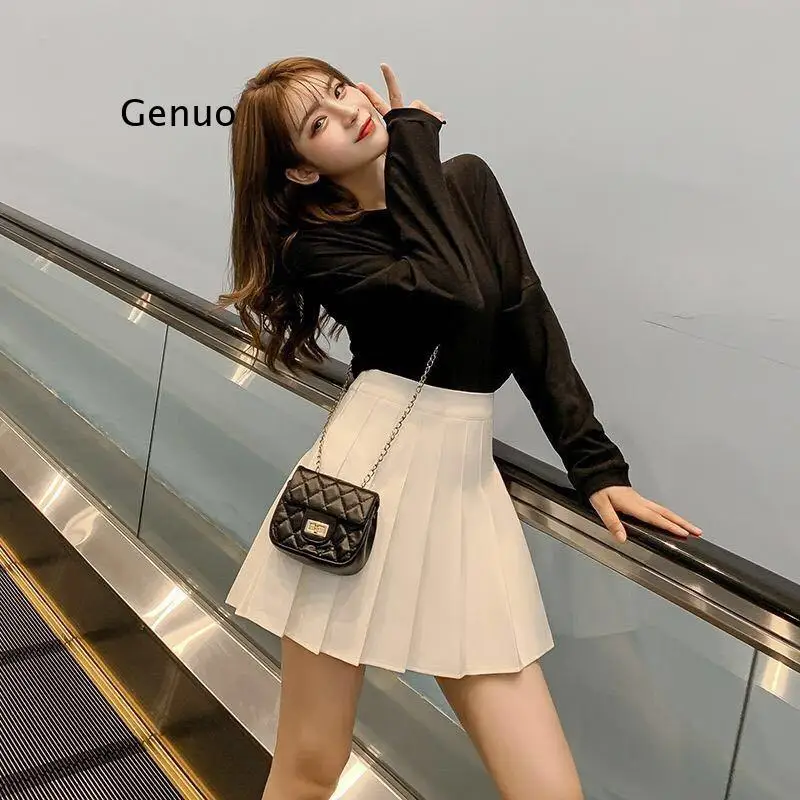

Short High Waist Skirt Women Pleated A-Line Mini School Girl Kawaii Chic Solid Temperament Skirts Plaid All Match Zipper Korean
